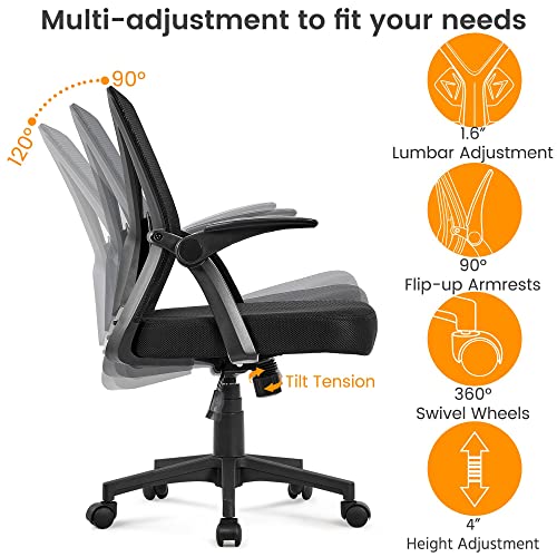 Yaheetech Mid-Back Mesh Task Office Desk Chair with Flip-up Arms, Black | Breathable mesh back and foam-padded seat for all-day comfort; sturdy metal frame, height adjustable, and easy to assemble - color: Black, style: Contemporary