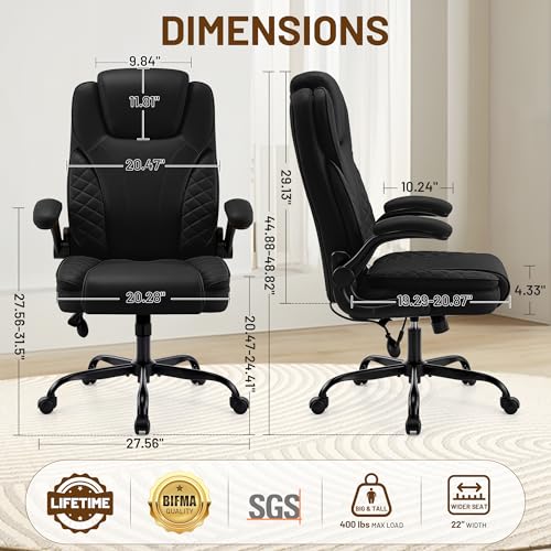 Ergonomic Office Chair, PU Leather High Back Executive Chair with Adjustable Inflatable Lumbar Support and Padded Flip-Up Arms, Recline Swivel Task Computer Chair for Home Office, Black - color: Black