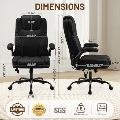 Ergonomic Office Chair, PU Leather High Back Executive Chair with Adjustable Inflatable Lumbar Support and Padded Flip-Up Arms, Recline Swivel Task Computer Chair for Home Office, Black - color: Black