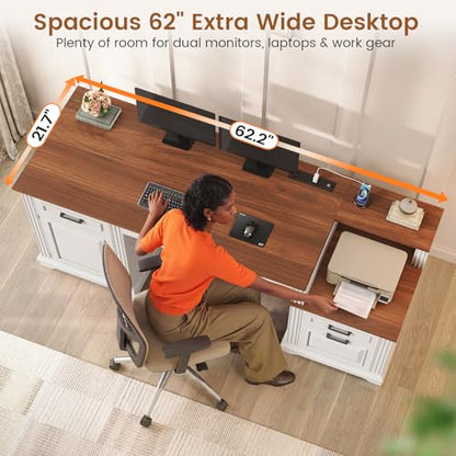 SEDETA Farmhouse Executive Desk, 62'' Home Office Desk with File Drawers, 3Drawer and Storage Cabinet, Computer Desk with Power Outlet for Home Office, Work Study Writing, White + Walnut - color: White + Walnut