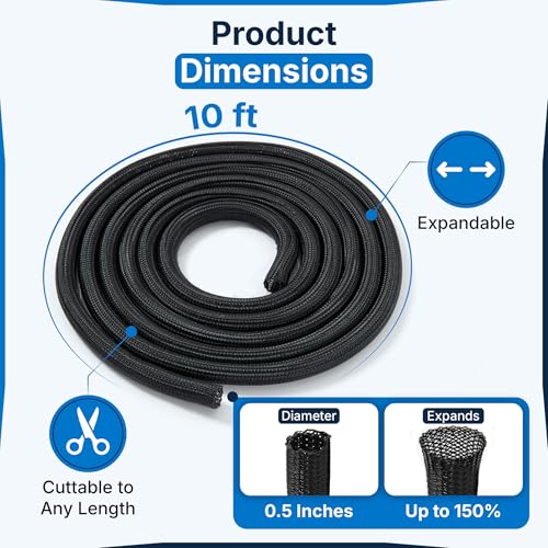 Cable Management Sleeve & Cord Organizer for Desks - Wire Management Cover to Wrap & Protect Messy Cables for Computers, TV & Electronics - 10 ft x 0.5"