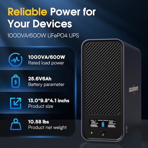 GOLDENMATE Lithium UPS 1000VA 600W + 600VA 360W UPS Battery Backup for Home & Office
