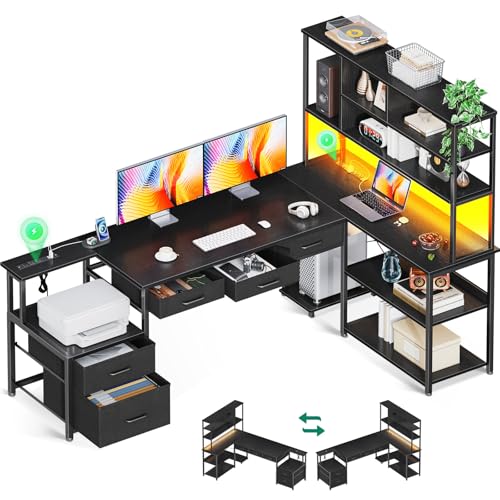 AODK 71 inch L Shaped Desk with 5 Drawers, LED Light & 2 Power Outlets - color: Black, size: 71 Inch