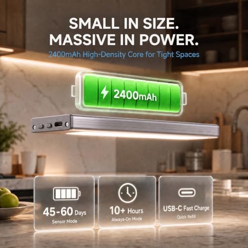 Under Cabinet Lighting, 2400mAh Motion Sensor Light Indoor, 2 Pack | 7.8in Rechargeable Closet Lights, 10s/20s Delay, Magnetic Battery Operated Under Counter Lights for Kitchen & Stairway - size: 7.8 Inch