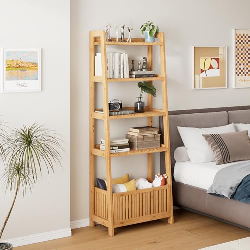 Bamjoy Bamboo Ladder Shelf, Bookshelf with 4 Display Shelves and 1 Open Storage Basket, Multifunctional Storage Rack Organizer for Home Office, Bedroom, Living Room, 66” H Natural - color: Natural