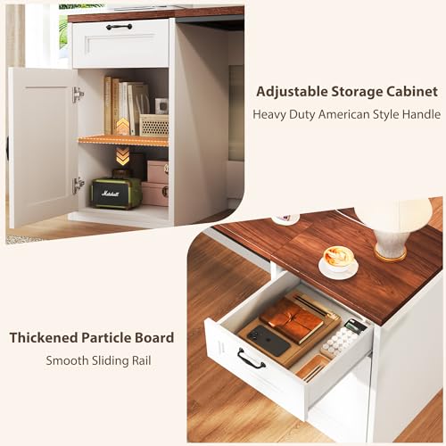 HUAHUU 78" Farmhouse L Shaped Executive Desk with Drawers, Modern Computer Desk with Power Outlets, Office Writing Desk with Monitor Stand & Storage Cabinet, Printer Shelf, Antique White - color: Walnut and White