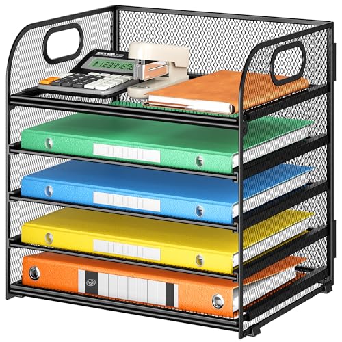 Lavatino 5 Tray Desk File Organizer, Black Mesh Paper Sorter Letter Tray Organizer with Handle, Desktop File Organizer and Storage for Letter/A4 Office File Folder - color: 5 Tier - Black, size: 12.6" x 9.1" x 11.5"
