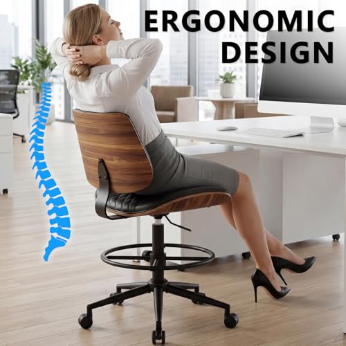 Drafting Chair with Adjustable Footrest, Rolling Walnut Stool, Black - color: Black