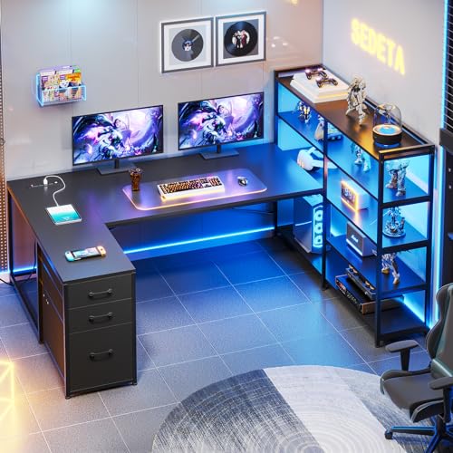 SEDETA L Shaped Gaming Desk, Reversible U Shaped Computer Desk with Power Outlet and Storage Shelves, Corner Gaming Desk with LED Lights, 3 Fabric Drawers, Black - color: Black