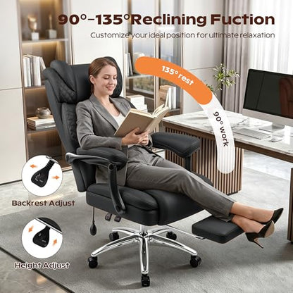 Office Desk Chair with Footrest, High Back Leather Chair Lumbar Support