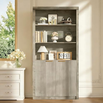 Modern Tall Book Shelf and Bookcase, 31.5"Wide Bookshelf with Doors, Farmhouse Book Case with Adjustable Top Shelf, Wood Storage Cabinet with 5 Tier Display Shelves for Home Office, Living Room,Grey | Farmhouse Book Case with Storage, Wood Storage Cabinet