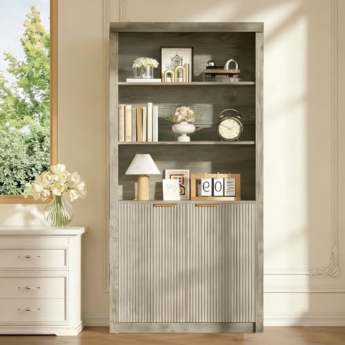 Modern Tall Book Shelf and Bookcase, 31.5"Wide Bookshelf with Doors, Farmhouse Book Case with Adjustable Top Shelf, Wood Storage Cabinet with 5 Tier Display Shelves for Home Office, Living Room,Grey | Farmhouse Book Case with Storage, Wood Storage Cabinet