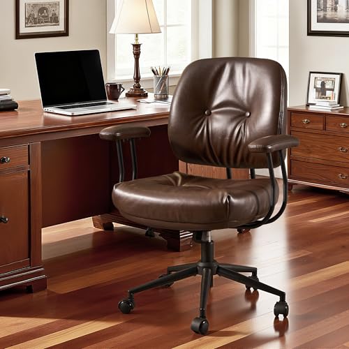 Leather Home Office Chair, Mid Back Ergonomic Desk Chair with Lumbar Support, Mid Century Modern Deep Seat Swivel Rocking Computer Chair, Dark Brown - color: Dark Brown,pu Leather, size: Big Mid Back