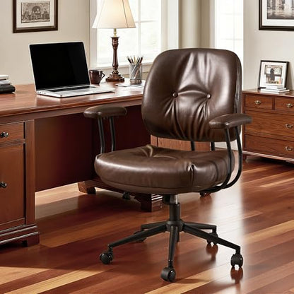 Leather Home Office Chair, Mid Back Ergonomic Desk Chair with Lumbar Support, Mid Century Modern Deep Seat Swivel Rocking Computer Chair, Dark Brown - color: Dark Brown,pu Leather, size: Big Mid Back