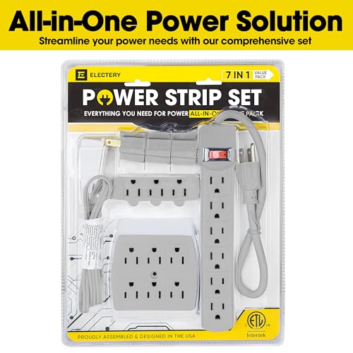 7 Piece Power Value Pack Multi-Outlet Kit Set Includes 6 Outlet Power Strip, 6 Outlet Extender, 3 Outlet Extender, 5 Ft Indoor Extension Cord, 3 Pcs 3 to 2 Prong Adopters, Gray - color: Gray