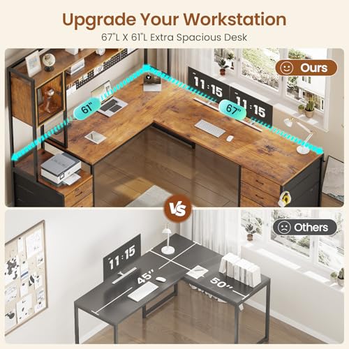 SEDETA Reversible L Shaped Gaming Desk with 6 Drawers, Hutch, Led Lights - color: Rustic Brown