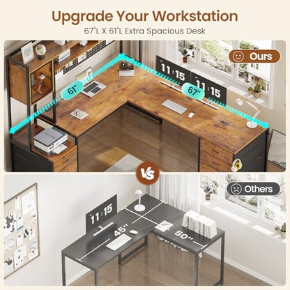 SEDETA Reversible L Shaped Gaming Desk with 6 Drawers, Hutch, Led Lights - color: Rustic Brown