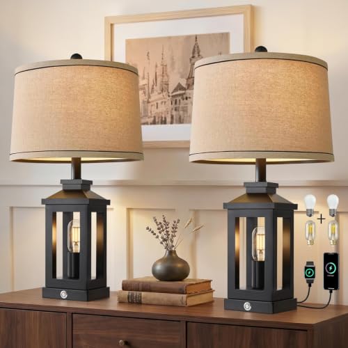G-SAFAVA 23.75" Retro Farmhouse Black Table Lamp for Living Room Bedroom Nightstand Set of 2 Touch Control Bedside Nightlight Vintage Modern Lamp with USB C+A Ports and 2 Light Sources - color: Black - Set of Two
