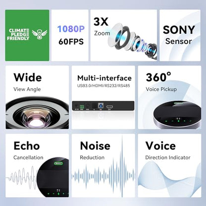 Tenveo 3X Optical Zoom 1080P 60FPS PTZ Conference System with 93°Wide-Angle Lens and MagiCall Bluetooth Speakerphone, Video Output via USB 3.0/HDMI/RS485/RS232, Ideal for Large Meetings - size: 4X Zoom/USB3.0/HDMI/MagiCall