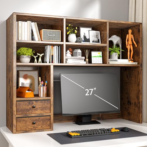 REIBII Desktop Bookshelf, 7 Shelves and 2 Drawers, Adjustable, Rustic Brown | Small Space Organizers, Anti-Tip for Secure Stability - color: Rustic Brown