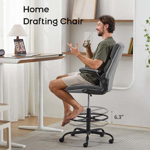 amseatec Drafting Chair, Tall Office Chair with Footrest for Standing Desk | 3-zone backrest and dual-layer cushion add comfort; 90° flip-up armrests plus adjustable foot ring fit counter-height tables - color: Grey