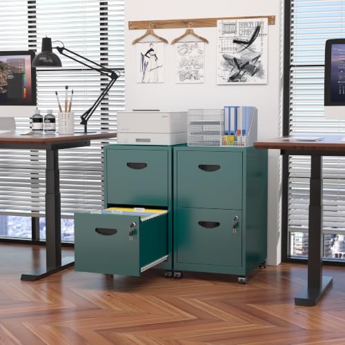 Metal 2 Drawer File Cabinet with Lock & Wheels for Office, Green | Small Mobile File Cabinets for Home Office, Under Desk Vertical Rolling File Cabinet Fit Hanging Files, Letter & A4 Documents - color: Green, style: 2 Drawers Mobile File Cabinet