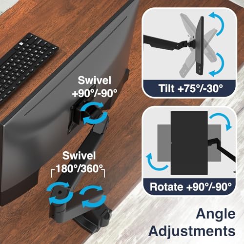 Desky Single Monitor Arm – VESA Mount 17"-32" Screen Full Motion Desk Clamp & Grommet Base – Adjustable Tilt, Swivel, Rotation – Matte Black - color: Black