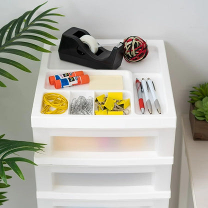 Nine-drawer narrow plastic storage cabinet with top organizer shelf, white.