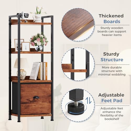 DUMOS 4 Tier Bookshelf with Fabric Drawer, Display Standing Shelf, Brown - color: Rustic Brown, size: 4 Shelf with Fabric Drawer