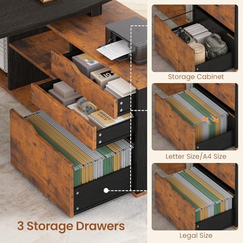 SEDETA 71" L Shaped Executive Desk with File Cabinet & Power Outlet - color: Brown