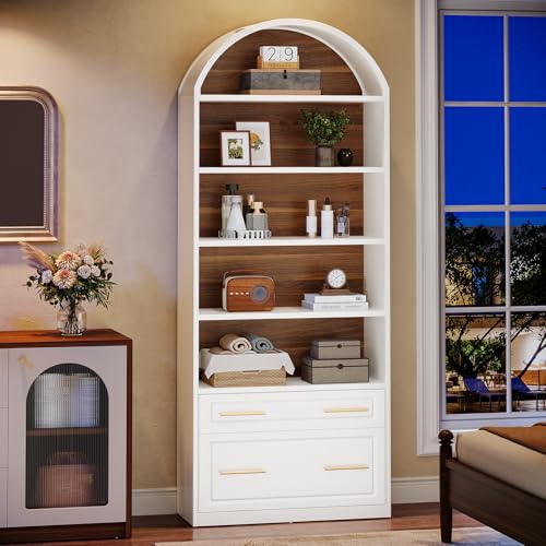 Tribesigns 76.8" Tall Arched 5-Tier Bookcase with File Cabinet Drawer - color: White