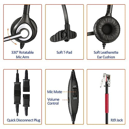 Wantek Yealink Phone Headset with Quick Disconnect Cord, RJ9 Office Telephone Headsets with Mic Noise Cancelling Compatible with Yealink VoIP Phone T21P T42S T46S T48S T27G T53W T54W Grandstream Snom