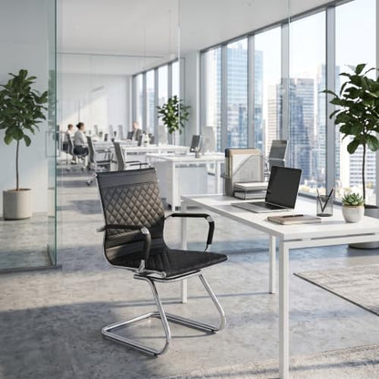 HNY Set of 2 PU Leather Office Guest Chairs, Black - color: Black