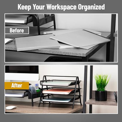 Mind Reader 3-Tier Paper Tray, Desktop Organizer, File Storage, Workspace, Office, Metal Mesh, 11.75"L x 13.75"W x 10"H, Black - color: Black