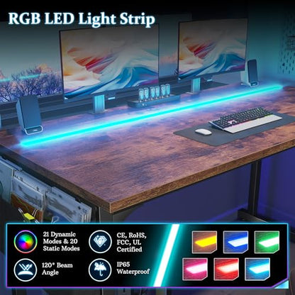 DurayLoly 48" Computer Desk with Waterproof LED Lights for Bedroom,Brown - color: Rustic Brown, size: 48 IN