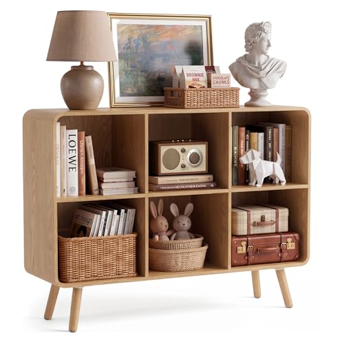 6 Cube Bookshelf - 35.4" Wood Cube Bookcase with Legs, Open Cubby Bookshelves with Curved Profile Design for Bedroom, Living Room,Home Office, Nature - size: 6 Cube