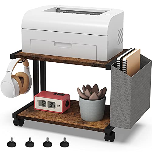 VEDECASA 2 Tier Rustic Brown Wooden Under Desk Printer Stand with Storage Bag for Home Office Desktop Printer Table Organizer Mobile Printer Shelf Cart with Caster Wheel - color: Rustic Brown