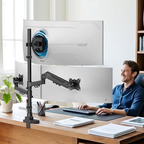 Triple Monitor Mount up to 49 inches, Fully Adjustable Heavy Duty 3 Monitor Arm with Gas Spring, Desk Mount for 3 Screens, C-Clamp & Grommet Base, Holds 44 lbs, Black - color: Black