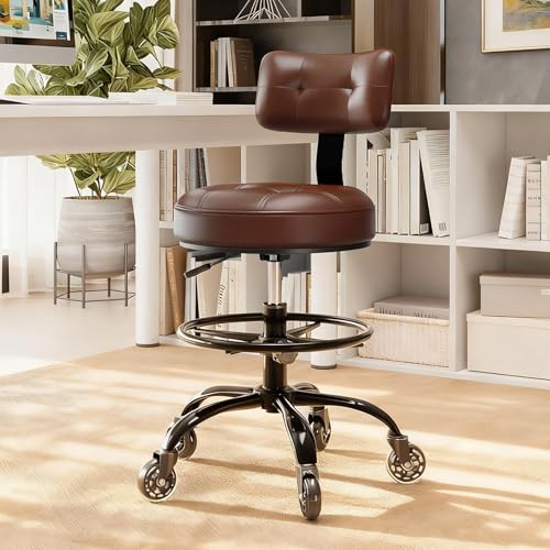 Office Drafting Chair with Footrest, Tall Height Adjustable Stool with Back Support, Heavy Duty Rolling Stool Chair with Wheels for Office Home Kitchen Bar Shop Guitar Studio Vanity, Brown - color: Brown