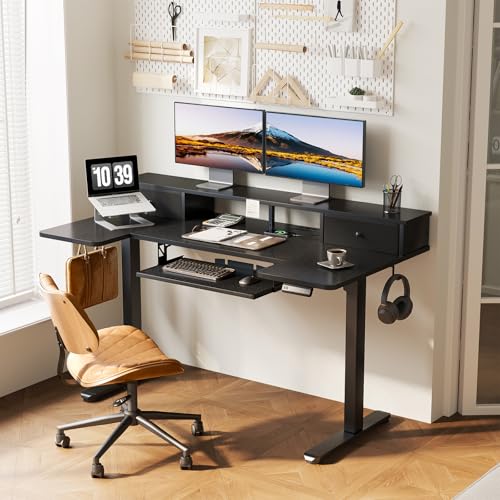 OffiGo 55 Inch U Shape Standing Desk with Keyboard Tray & Drawers, Black - color: Black With Drawers, size: 55 Inch