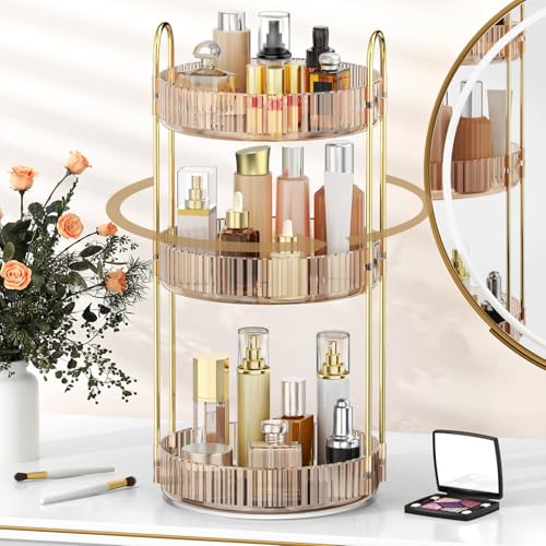 MOKANI 360 Rotating Makeup Organizer for Vanity, 3 Tier Perfume Organizer | Adjustable Multi-Function Spinning Cosmetics Skincare Storage for Bedroom, Dresser, Countertop, Amber - color: C-Amber, size: 3 Tier