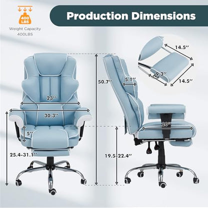 Ergonomic Executive Office Chair with 6-Point Vibration & Heat - Reclining Managerial Chair with Adjustable Footrest and Armrests,Big and Tall Leather Home Office Desk Chairs(Airy Blue) - color: Airy Blue