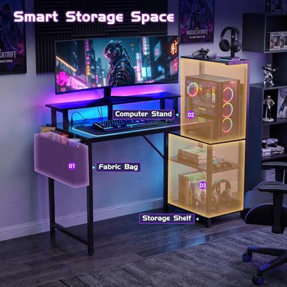 Gaming Desk 54 Inch Computer Table with Storage Shelves & Monitor Stand | LED Setup Style, PC Tower Stand, Reversible Workstation, USB Charging Port, for Home Office Desk, Bedroom, Dorm, Black - size: 54inch