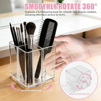 Acrylic Makeup Brush Holder, Clear Rotating Makeup Brush Holder Organizer with 4 Slots, Square Makeup Brush Cup for Vanity Desk Countertop Bathroom - size: Square-4.5in