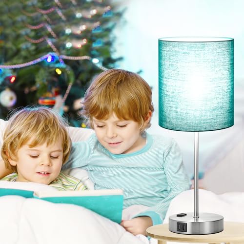 Lynnoland Green Touch Table Lamps Set of 2 with 2 USB & AC Outlet, 3-Way Dimmable Bedside Nightstand Lamps for Bedroom Lamps Living Room Nursery, 800 Lumens 5000K Daylight Bulbs Included - color: Green & Brushed Nickel (Base) - 5000K