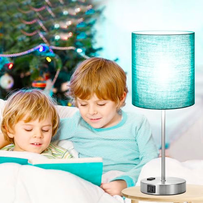 Lynnoland Green Touch Table Lamps Set of 2 with 2 USB & AC Outlet, 3-Way Dimmable Bedside Nightstand Lamps for Bedroom Lamps Living Room Nursery, 800 Lumens 5000K Daylight Bulbs Included - color: Green & Brushed Nickel (Base) - 5000K