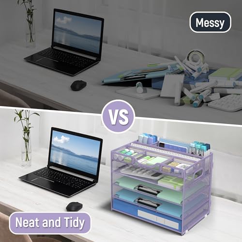 Docnest 5 Tier Mesh Desk Organizer with Removable Tray&Pen Holder, Purple - color: Purple, size: 12.6"x9.1"x10.3"