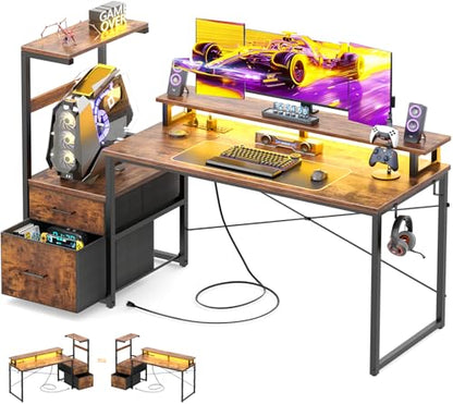 Aheaplus Gaming Desk with LED Strip & Power Outlet, 59Inch Reversible Computer Desk with Monitor Stand & Storage Shelves, Home Office Desks with Fabric File Drawer, Gamer Table PC Desk, Rustic Brown - color: Rustic Brown
