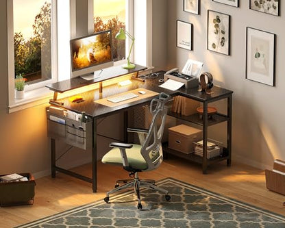 ODK 40 Inch L Shaped Gaming Desk with LED Lights, Power Outlets, Black - size: 40 Inch