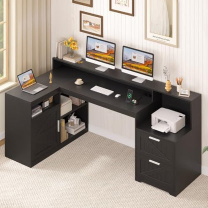 63" Farmhouse L Shaped Desk with Drawers and Printer Stand for Home Office - color: Black